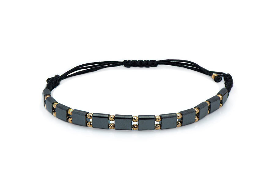 Black thread bracelet with hematite and gold