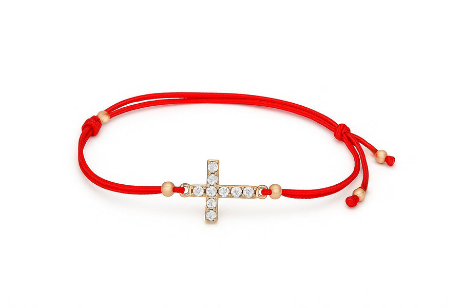 Raudono siūlo apyrankė su auksiniu cirkonio pakabuku