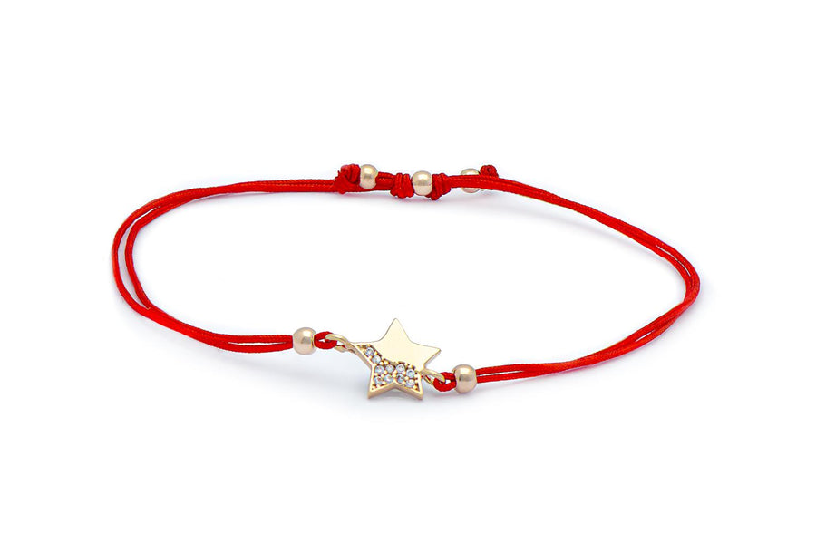 Raudono siūlo apyrankė su auksiniu cirkonio pakabuku