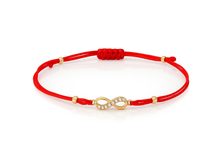 Raudono siūlo apyrankė 'Begalybė' su cirkoniais ir auksu