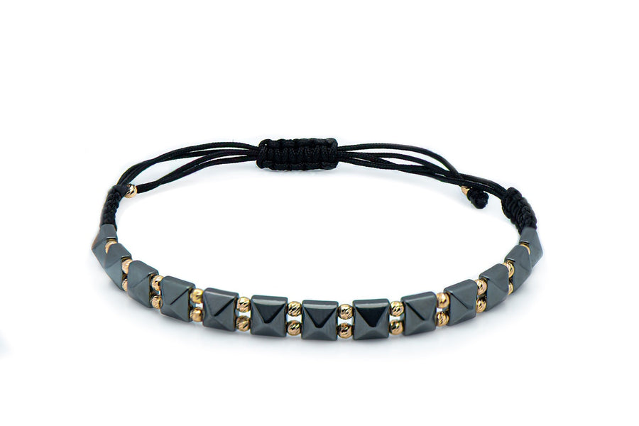 Black thread bracelet with hematite and gold