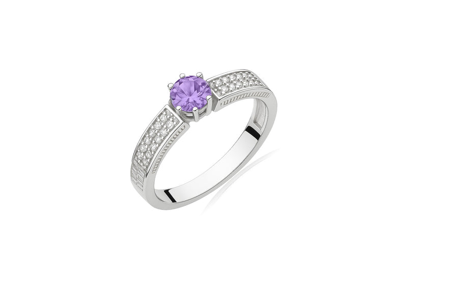 Auksinis žiedas su ametistu ir deimantais